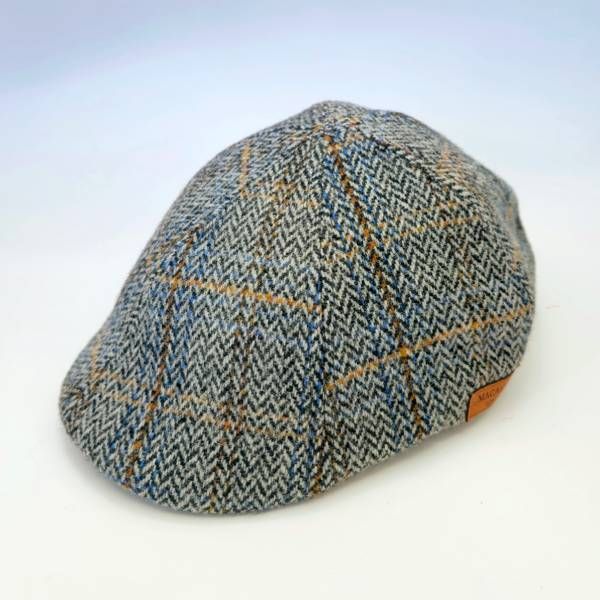 Grey Herringbone Check Six Panel Flat Cap – 100% Wool